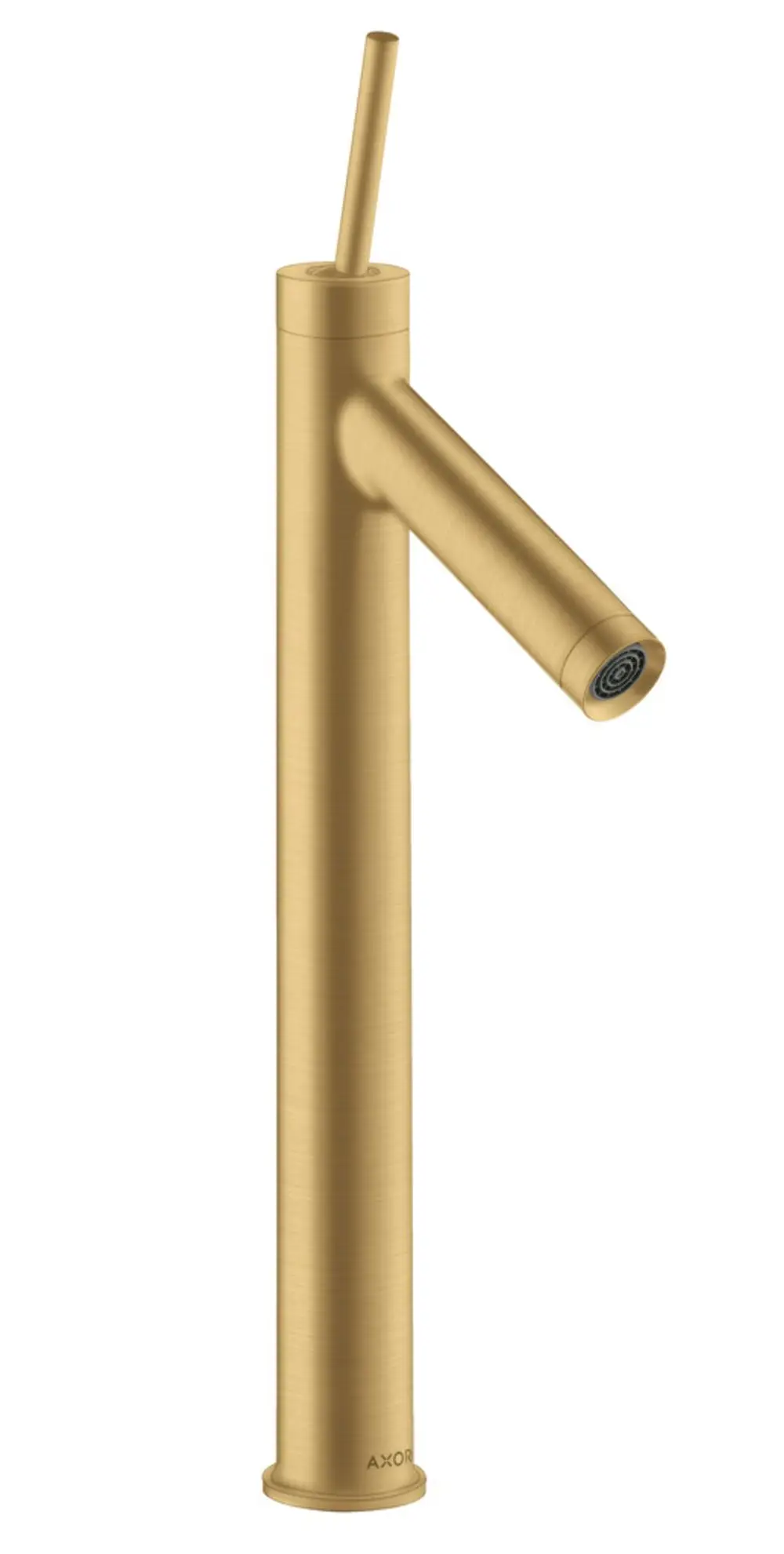 Einheitenwaschtischmischer von AXOR in brushed Gold Optik. Der Mischer hat einen langen, schlanken Körper und einen seitlich montierten Hebel.